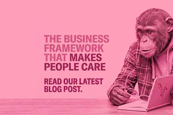 A chimpanzee wearing glasses and a plaid shirt working at a laptop against a pink background with the text ‘The Business Framework That Makes People Care.’